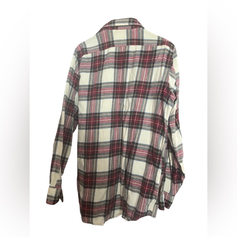 Vintage LL Bean Shirt Mens Medium Tall Red Cream Tartan Plaid Flannel USA MADE - Picture 2 of 6